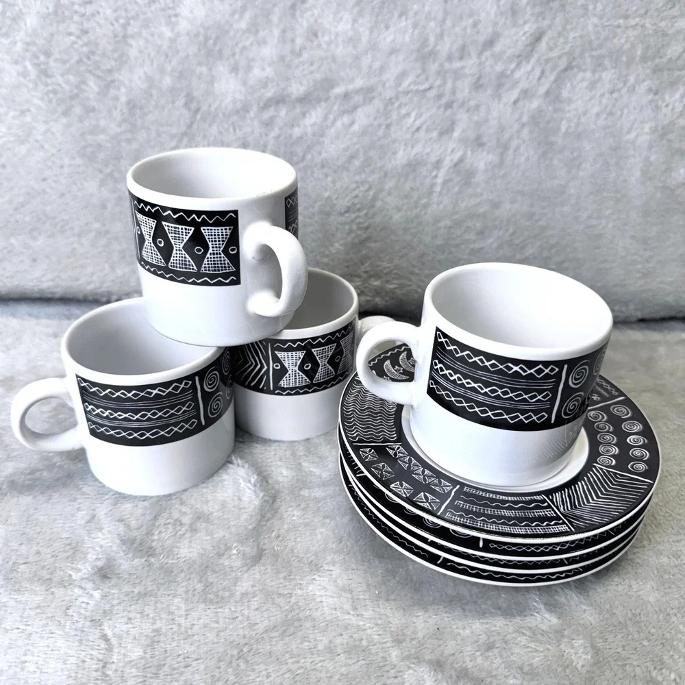 Sakura Batik Cup & Saucer Dessert Set Black White Stoneware Sue Zipkin 1993‎